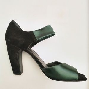 Nine West: Emerald Green Satin Open Toe Heels 6.5
